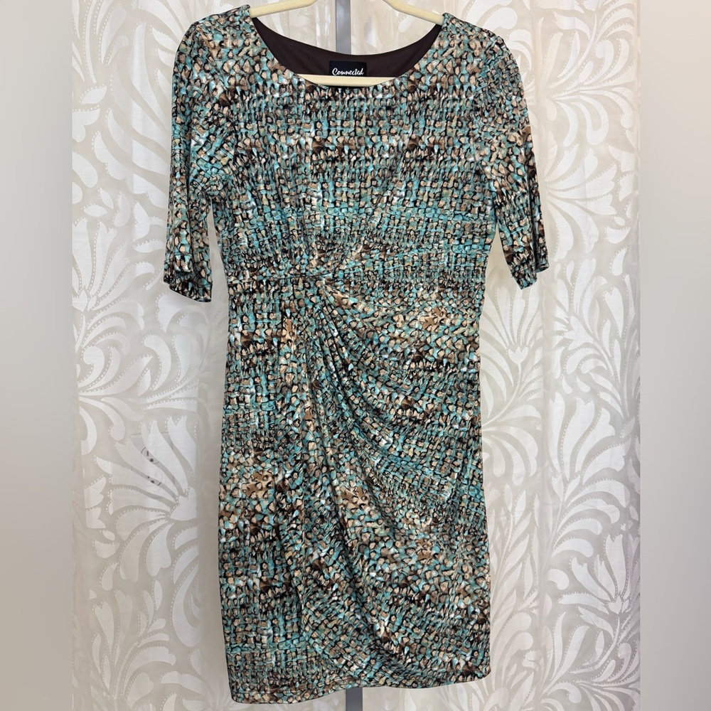 Connected Apparel 3/4 Sleeve Blue and Brown Ruched Waist Sheath Midi Dress 6